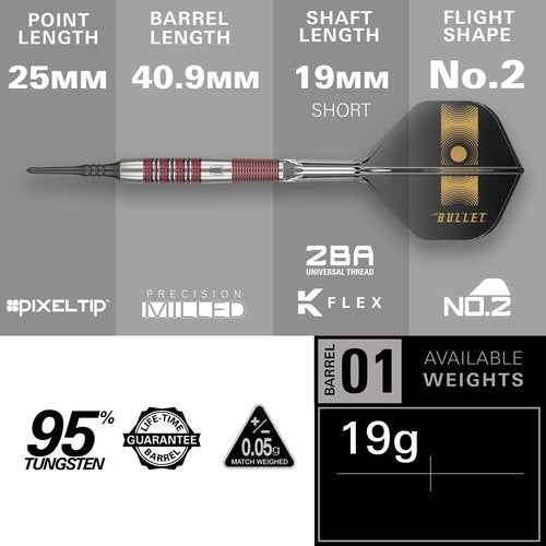TARGET Darts Stephen Bunting 95K Soft Tip Dart Set, 19G | Kflex Flights & Shafts, The Bullet Player Edition 95% Tungsten Darts, Nano Swiss Steel Tip Conversion Points & Premium Keyring SP Tool