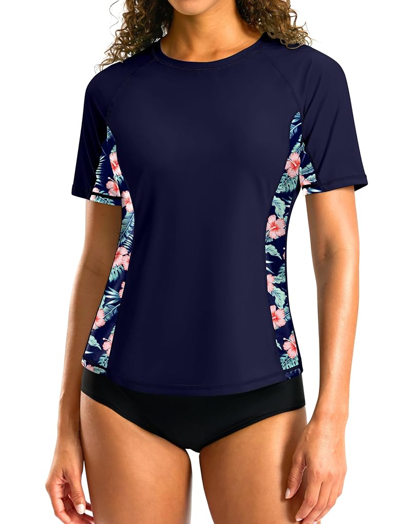 Rash Guard for Women Navy Floral Large - Quick Dry SPF50+ UV Protect Swim Top
