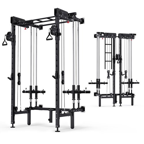 Folding Squat Rack, Wall Mounted Power Rack with Cable Crossover Machine & LAT Pull Down Multi-Function Space-Saving Power Cage with 7 Adjustable Modes/Dual Pulley System/Pull-up Bar/360°Landmine