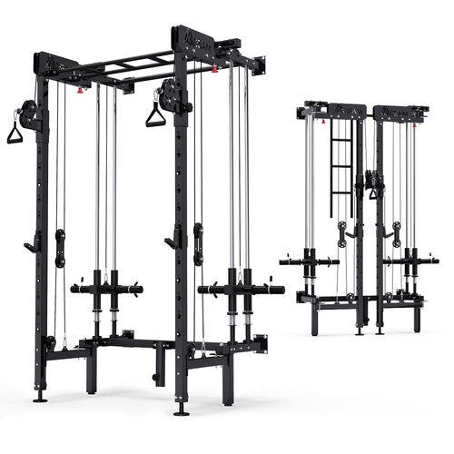 Folding Squat Rack, Wall Mounted Power Rack with Cable Crossover Machine & LAT Pull Down Multi-Function Space-Saving Power Cage with 7 Adjustable Modes/Dual Pulley System/Pull-up Bar/360°Landmine