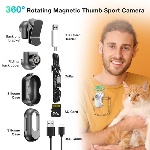 Yeigpzk Mini Body Camera,1080P 64G Wearable Action Body Cam,Thumb Size Hands Free One-Click Filming Body Worn Camera with 360°Rotatable Clip for Work, Travel, Pet Walking