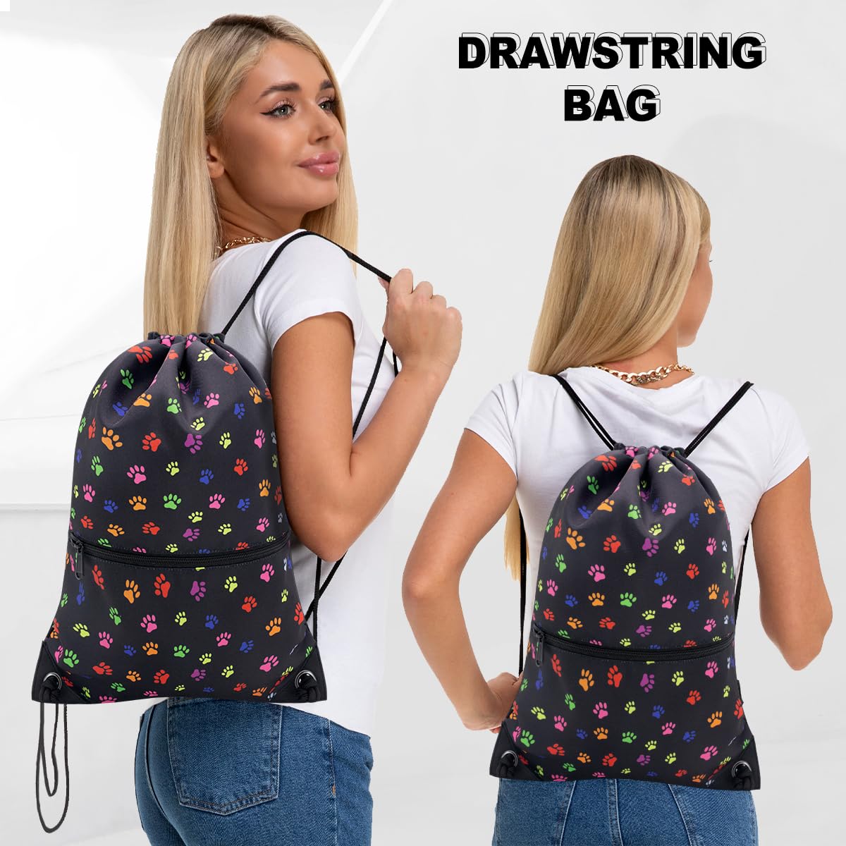 HOLYLUCK Drawstring Backpack Bag Sport Gym Sackpack (Black dog paw prin)