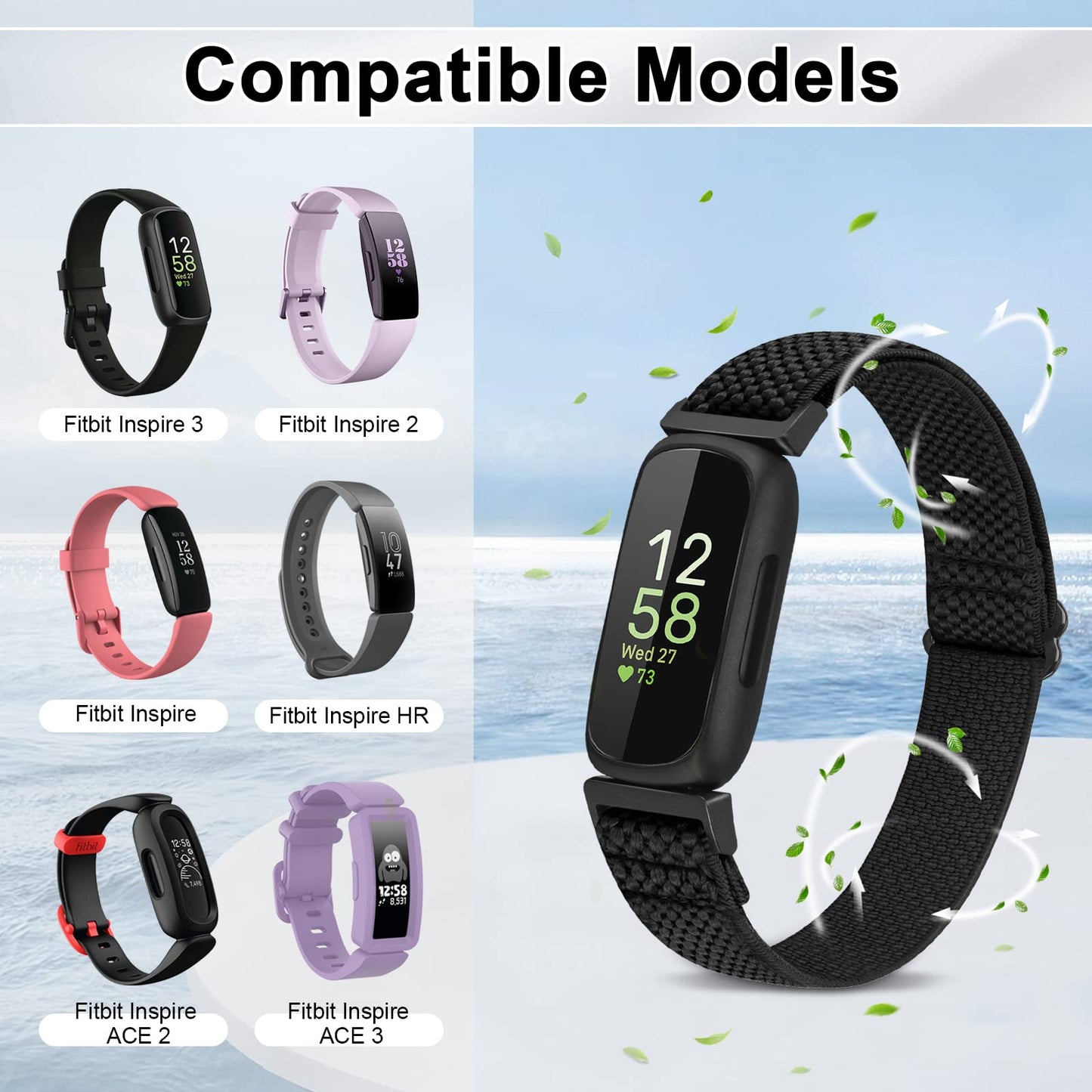 Vodtian 4 Pack Bands Compatible with Fitbit Inspire 3/Inspire 2/Inspire/Inspire HR/Ace 3/Ace 2 Band, Elastic Adjustable Nylon Loop Straps Replacement Sport Stretchy Wristband for Women Men