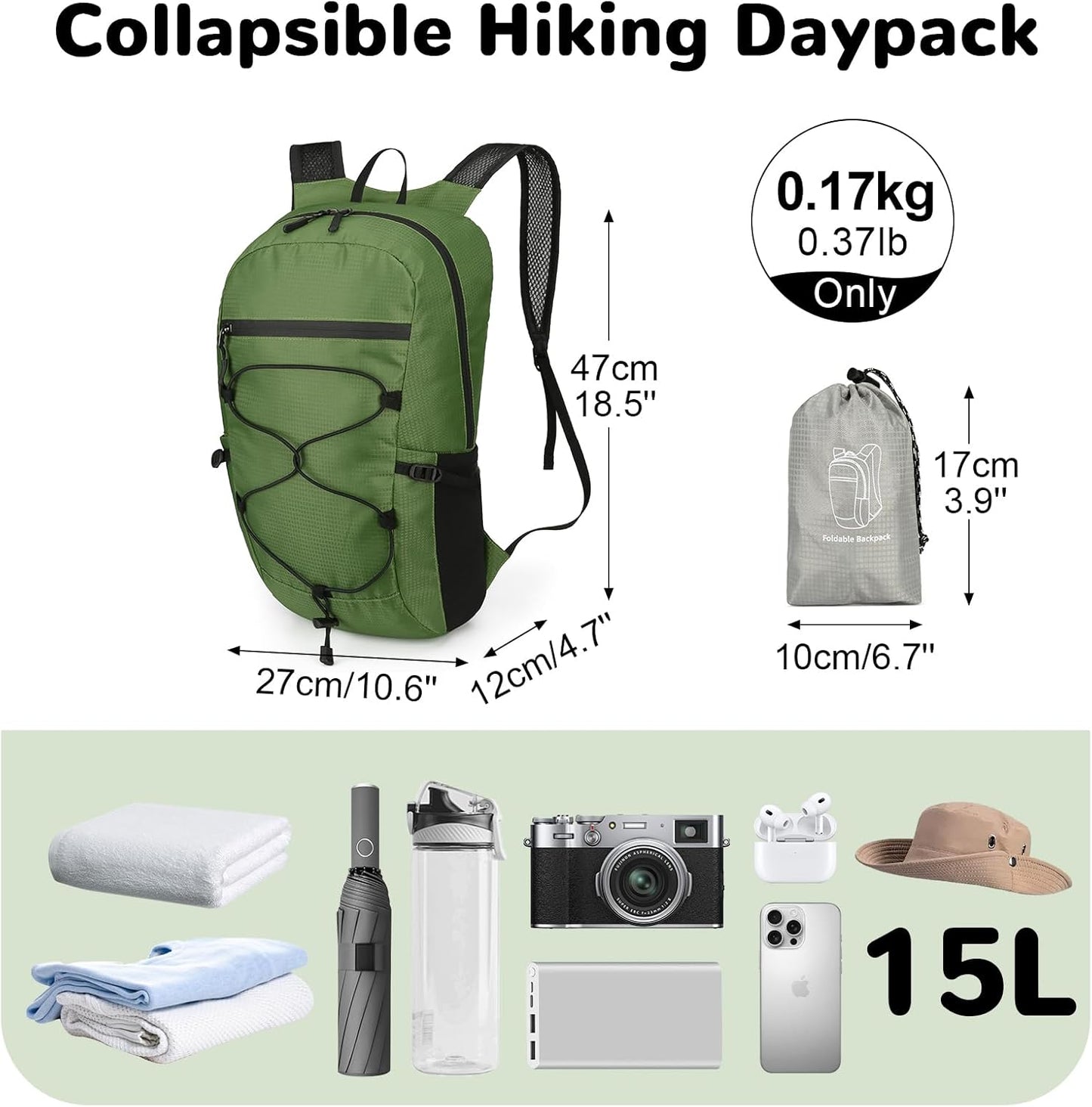 15L Small Foldable Hiking Backpack for Men Women, Packable Collapsible Daypack for Casual, Light Gray