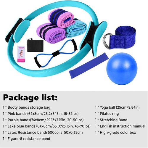 Pilates Essentials Kit for Women, Home Pilates Kit with Yoga Ball 25cm Figure 8 Resistance Yoga Bands, Pilates Rings Booty Bands with for Home Use and Gym Workout (C)