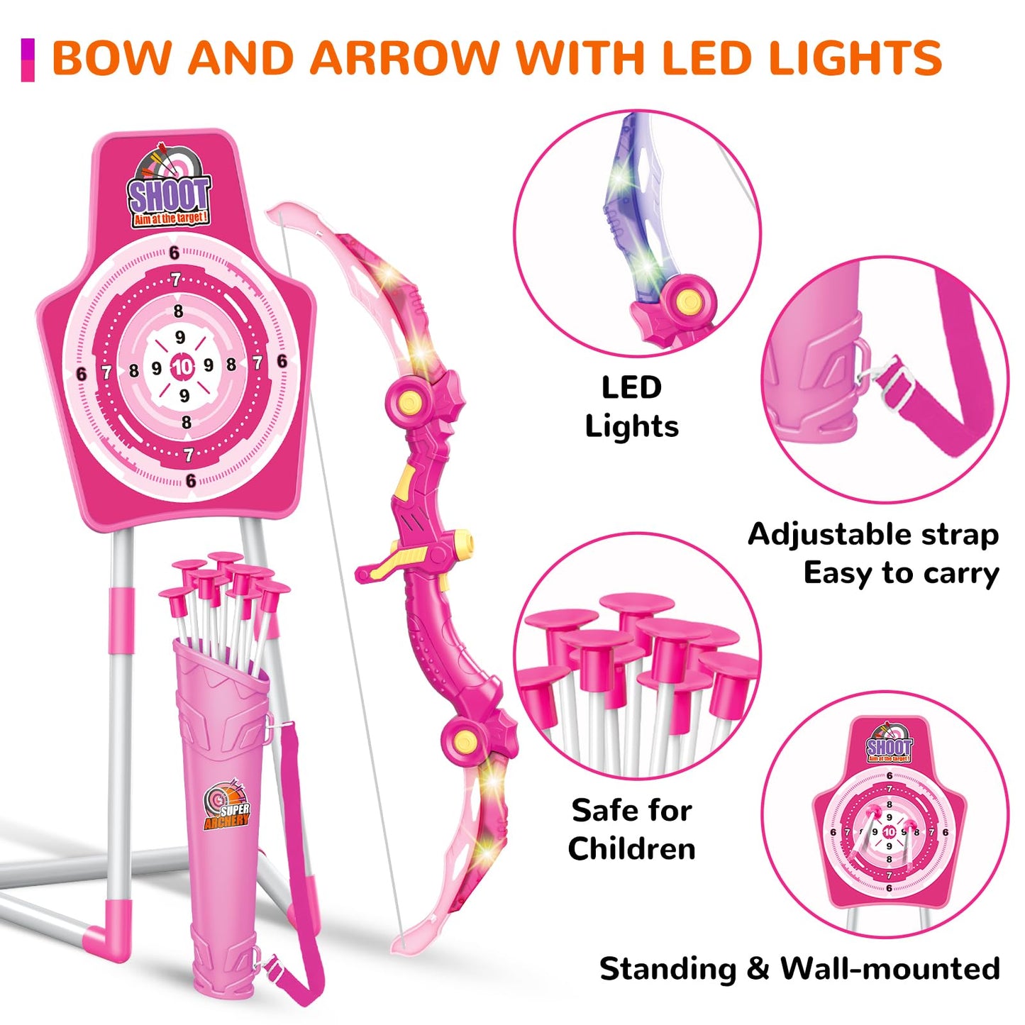GMAOPHY 2 Pack Bow and Arrow Toy for 5 6 7 8 9 10 11 12 Year Old Boys, Birthday for Kids, Indoor Outdoor Sport Games Toys for Ages 4-8 8-12, LED Light Up Archery Set with 20 Toy Arrows (Pink)
