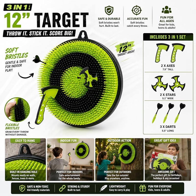 Leeray 3-in-1 Axe Throwing Game with Bristle Target Board - 12-Inch Green (Black+Green) Variation