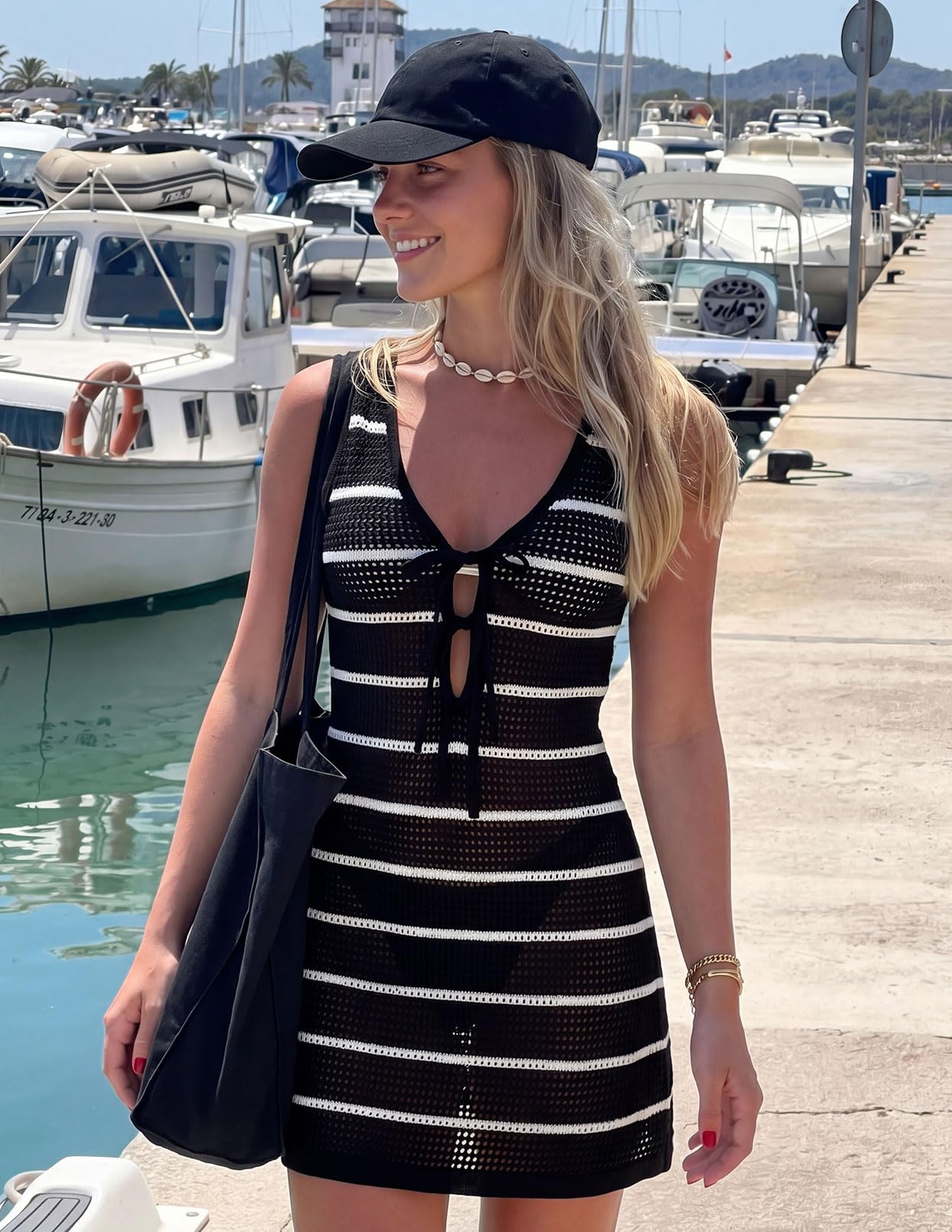 MEROKEETY Women's Summer Swimsuit Coverup 2026 Bathing Suit Resort Wear Tie Front Crochet Knit Beach Vacation Cover Up Dress, Black, Small