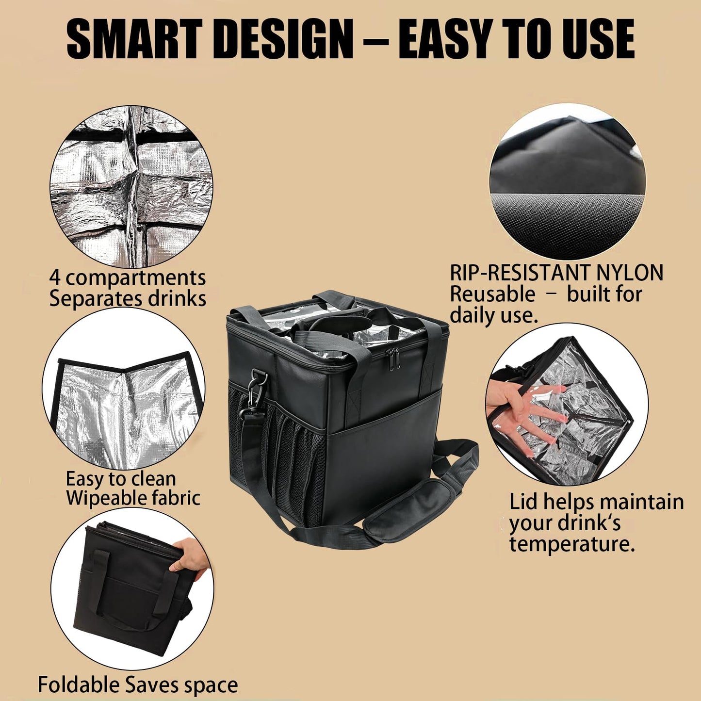 Reusable 4 Cup Insulated Drink Carrier Bag, Portable Coffee Cup Holder with Adjustable Shoulder Strap & Foldable Design, Water Bottle Caddy with Adjustable Dividers for Beverage, Travel & Delivery