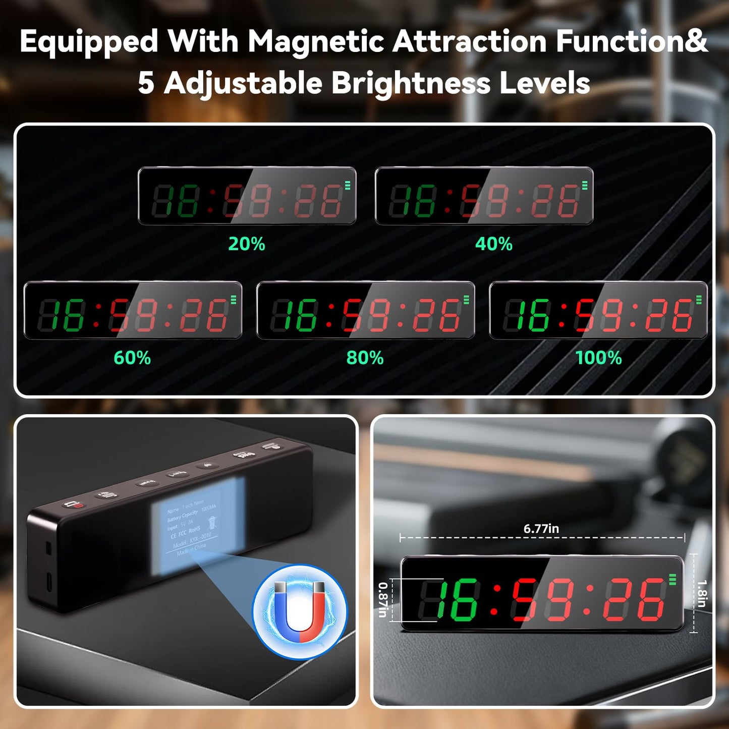Gym Timer Clock,Magnetic Workout Interval Timer with LED Display,Clock/Countdown/Count up/Stopwatch/Tabata/FGB/HIT Mode,10 Second Countdown &3 Second Emphasis When Start, Home Gym, Garage & Schools