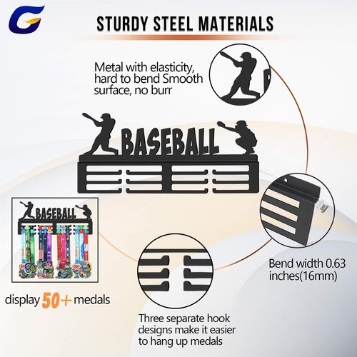 GENOVESE Baseball Medal Holder Display Hanger Rack,Black Sturdy Steel Metal,Wall Mounted Over 50 Medals Easy to Install