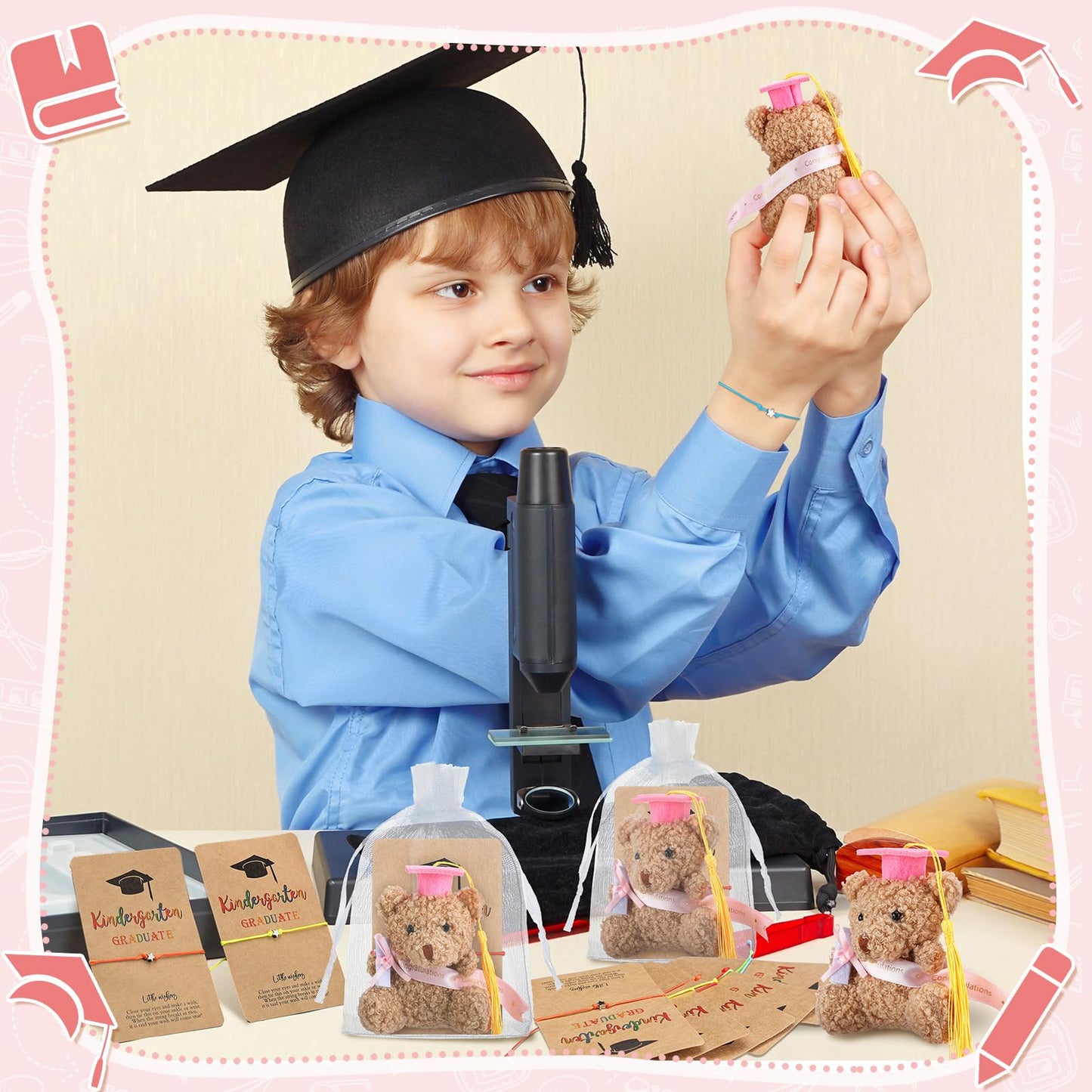 Motionchic 50 Pcs 2026 Kindergarten Graduation Bear Bulk Set with 25 Graduation Gift Mini Stuffed Bears 25 Wish Bracelet Organza Bag Card for Kid Child Kindergarten Class of 2026 Party Favors(Pink)