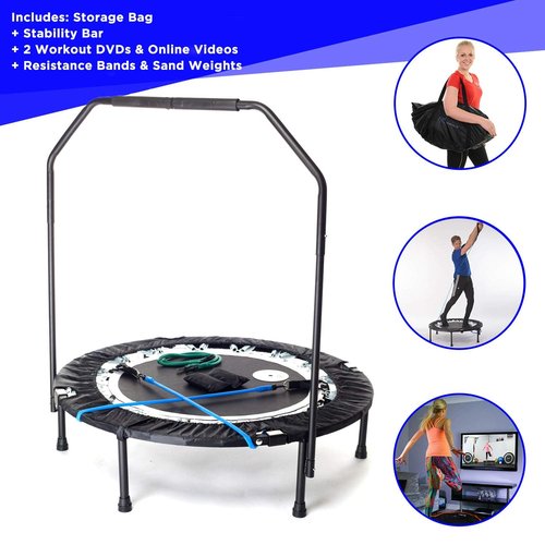 Maximus PRO Folding Rebounder USA | Voted #1 Indoor Exercise Mini Trampoline for Adults with Bar | Fitness & Weight Loss| Free Storage Bag, Resistance Bands, Online & DVD Workouts | Already Assembled