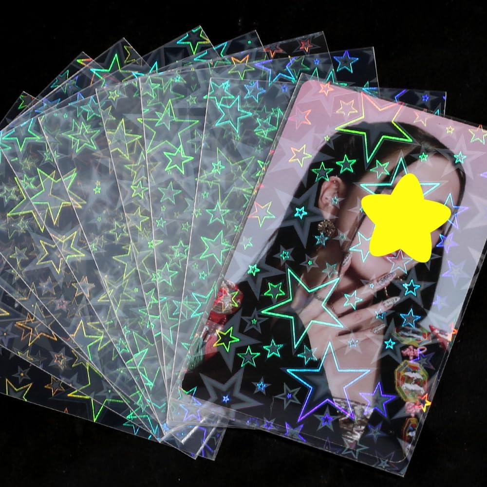 100 Pcs Laser Flashing Photocard Sleeves Holographic Card Sleeves for Trading Cards Penny Sleeves Photocard Holder Rainbow Star Heart Flower Card Protector