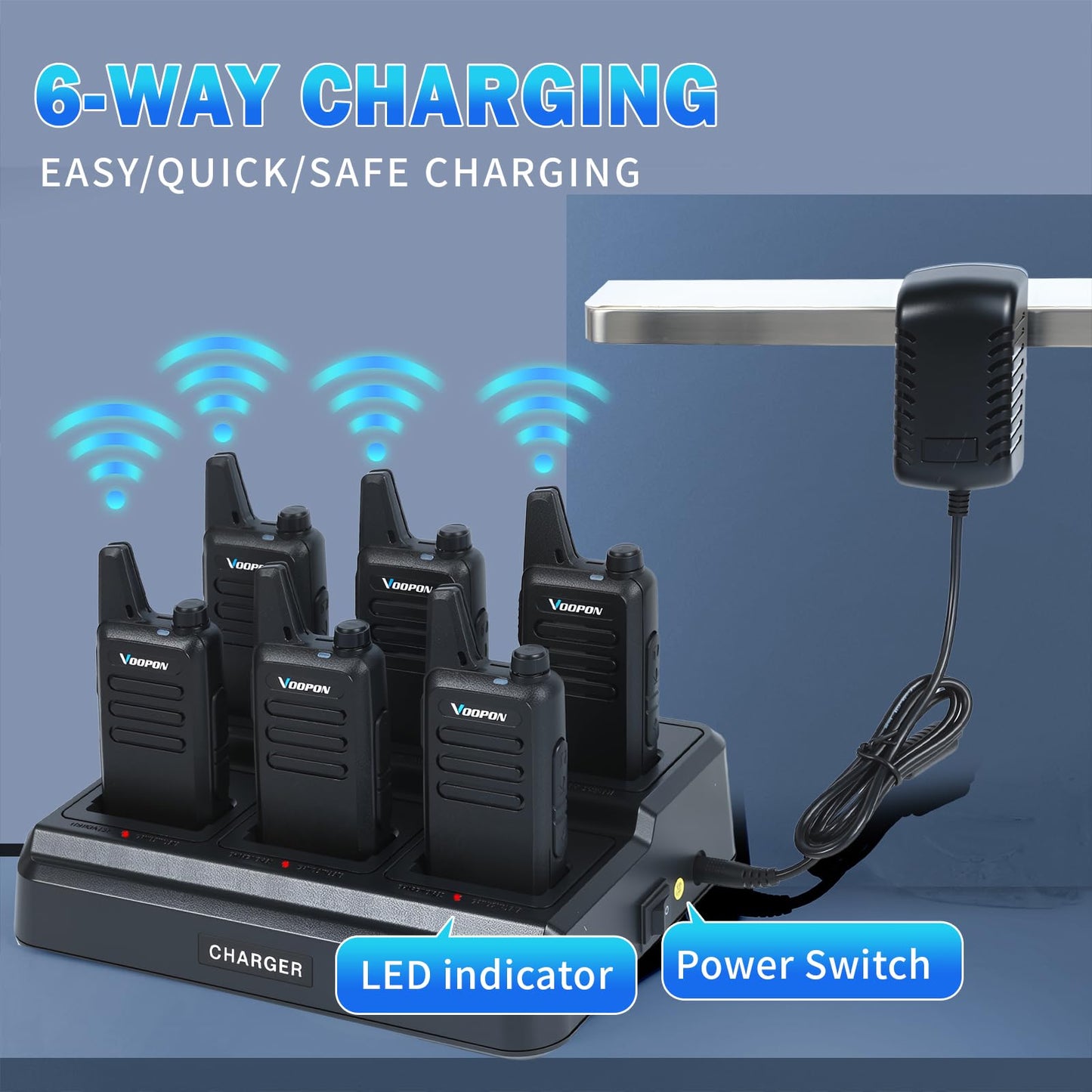 Rechargeable Walkie Talkies for Adults with 6 Way Muti Unit Gang Charger Earpieces 22 FRS Channels Two-Way Radios Long Range VOX Mini Transceivers for Business Company Camping Church Shop (6 Pack)