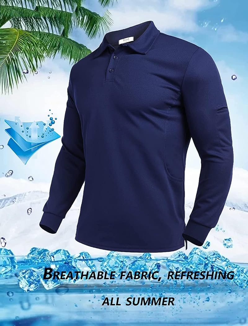 Deyeek Men's Long Sleeve Polo Shirt - Quick Dry Golf Polo Navy Large