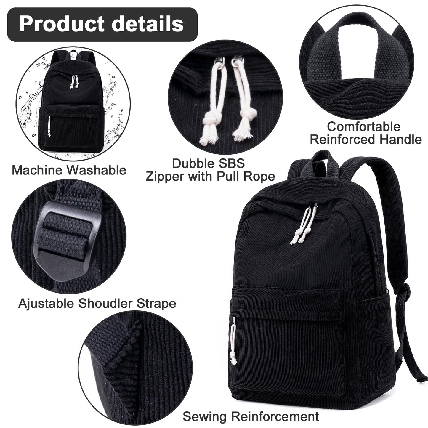 BTOOP School Backpack for Teens Large Corduroy Bookbag Lightweight 15.6 inch Laptop Bag for Girls Women Casual High School College