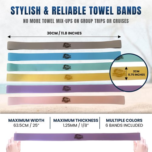 6 Pack Towel Bands for Beach Chair, Pool & Cruise Lounge Chairs, Extra Durable, No Snapping, Cruise Ship Essentials, Great Alternative to Towel Clips. Beach Must Haves