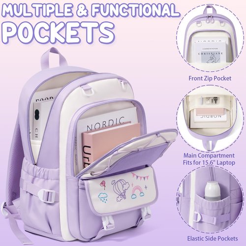 Fimibuke Kids Backpack for Girls, 4 PCS Waterproof Teen Girls Backpack with Lunch Box, Pencil Case & Headphone Bag Set, Cute Bookbag School Bag for Elementary Middle High School Student Back to School