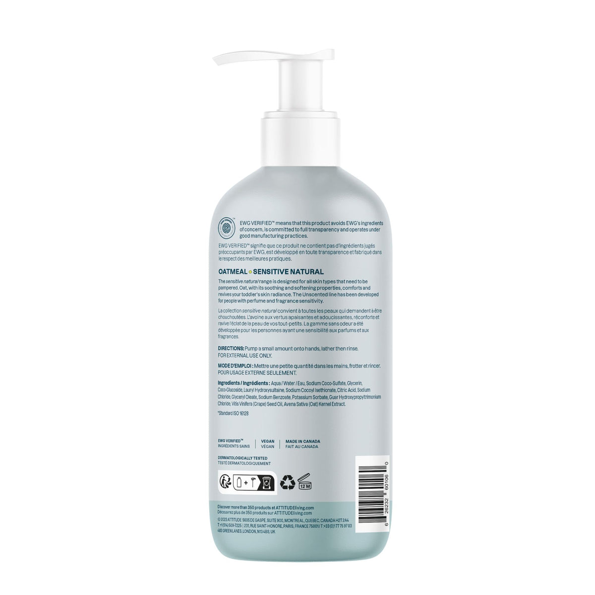 ATTITUDE Baby 2-in-1 Shampoo and Body Wash, EWG Verified, Plant- and Mineral-Based Ingredients, Vegan and Cruelty-Free Products for Sensitive Skin, Unscented, 16 Fl Oz
