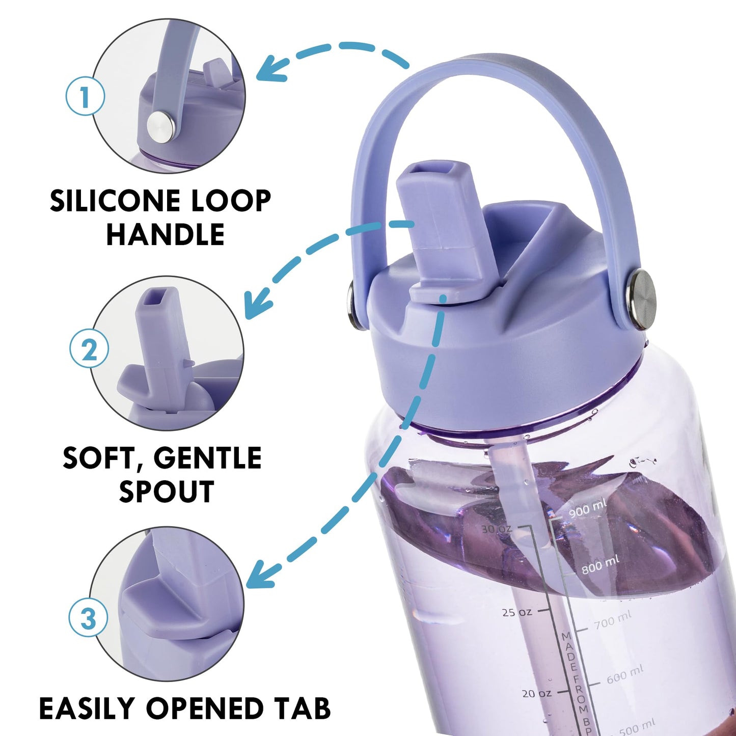 OLDLEY 32oz Water Bottle with Straw,Leakproof Tritan Clear Bottle with Marked Bottle and Carry Handle,BPA-Free Wide Mouth Reusable Sports Water Bottle for Gym,Hiking,Camping,Travel,Workout,Lilac Mist