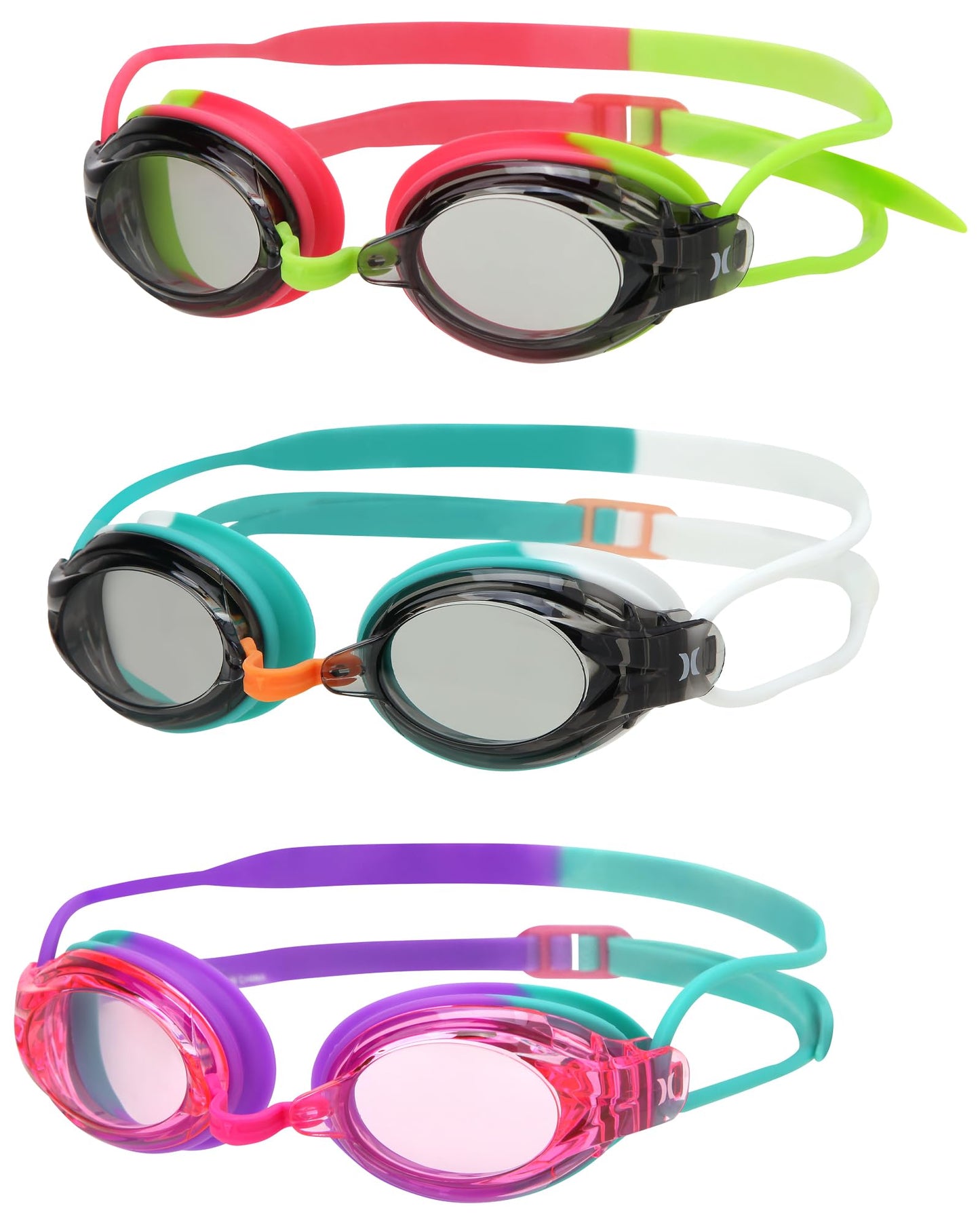 Hurley Kids Swim Goggles - 3 Pack UV Protection Anti-Fog Leak Proof Kids Goggles - Adjustable Wakiki Swimming Accessories
