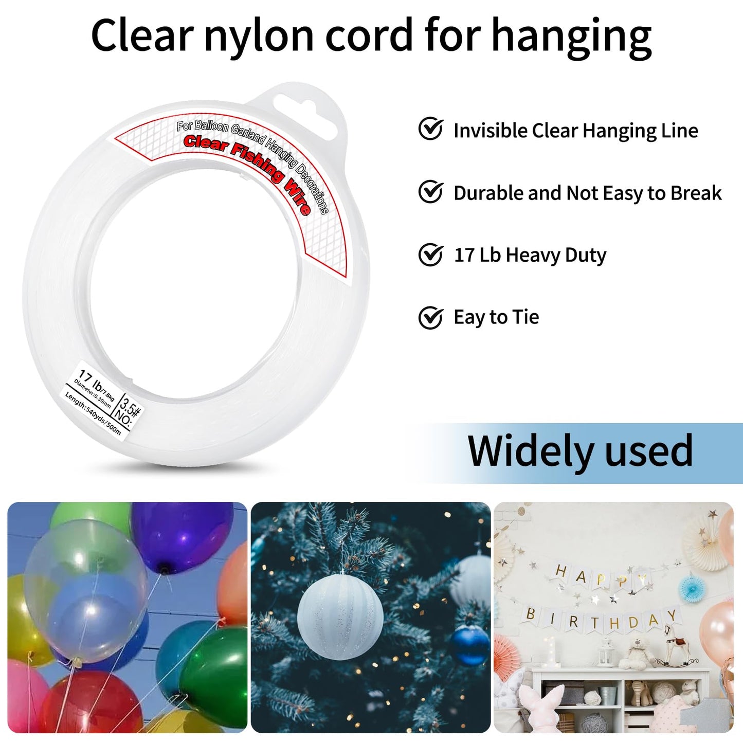 540Yards Clear Fishing Wire 0.3 mm, Invisible Fishing Line Wire Nylon String Supports 17 Pounds for Hanging Balloon Garland, Picture, Jewelry Making Beading Threads Cords
