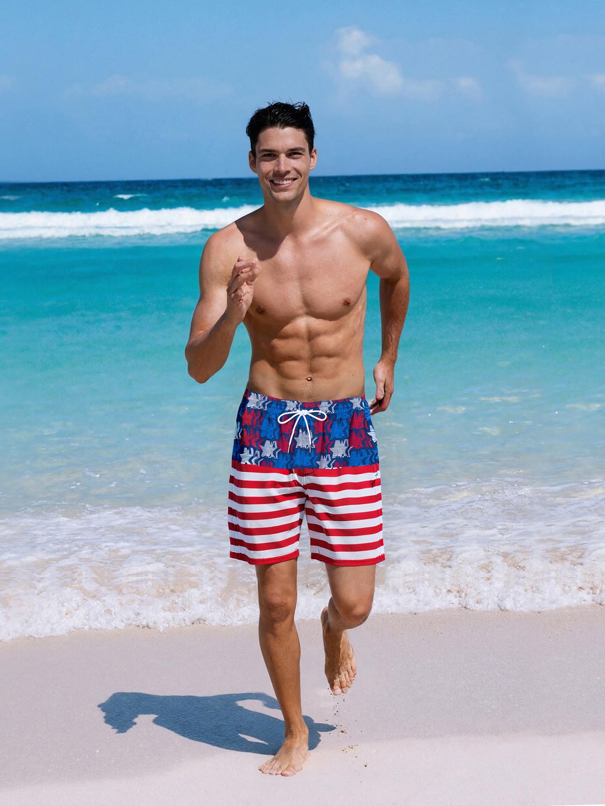 SURF CUZ Mens Swim Trunks with Compression Liner Quick Dry Swim Shorts 7" Swimming Trunks Stretch Bathing Suit 7 Inch,American Flag,XS