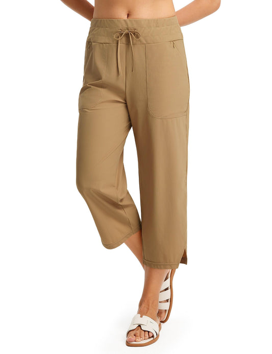 FitsT4 Sports Women's Swim Capris 21" UPF 50+ Beach Pants Quick Dry Modest Swimsuits Bathing Suit Bottoms with Zip Pockets Tan M
