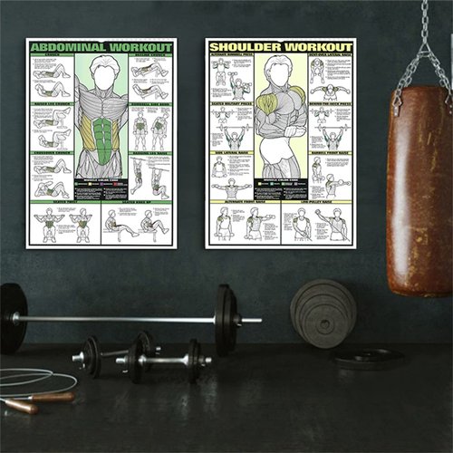 6PCS workout chart posters for a home gym， oil on canvas gym decor fitness dumbbell exercise motivational posters for home gym Exercise Charts Incl Triceps, Shoulder,Leg, Back,Chest, Abdominal workout