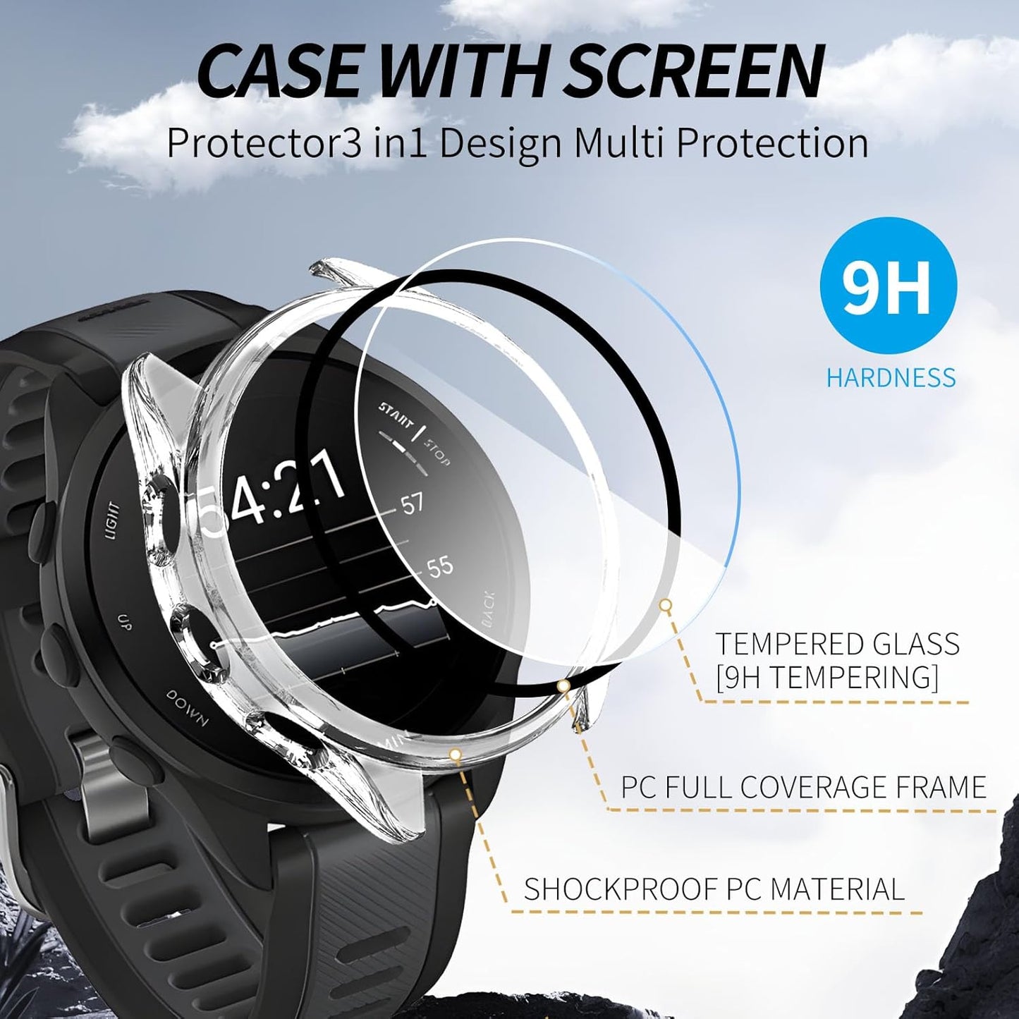 2 Pack for Garmin Forerunner 165 &165 Music Screen Protector Case [Full Coverage], Hard PC Bumper All-Around Protective Accessories for Garmin Built-in Tempered Glass Film