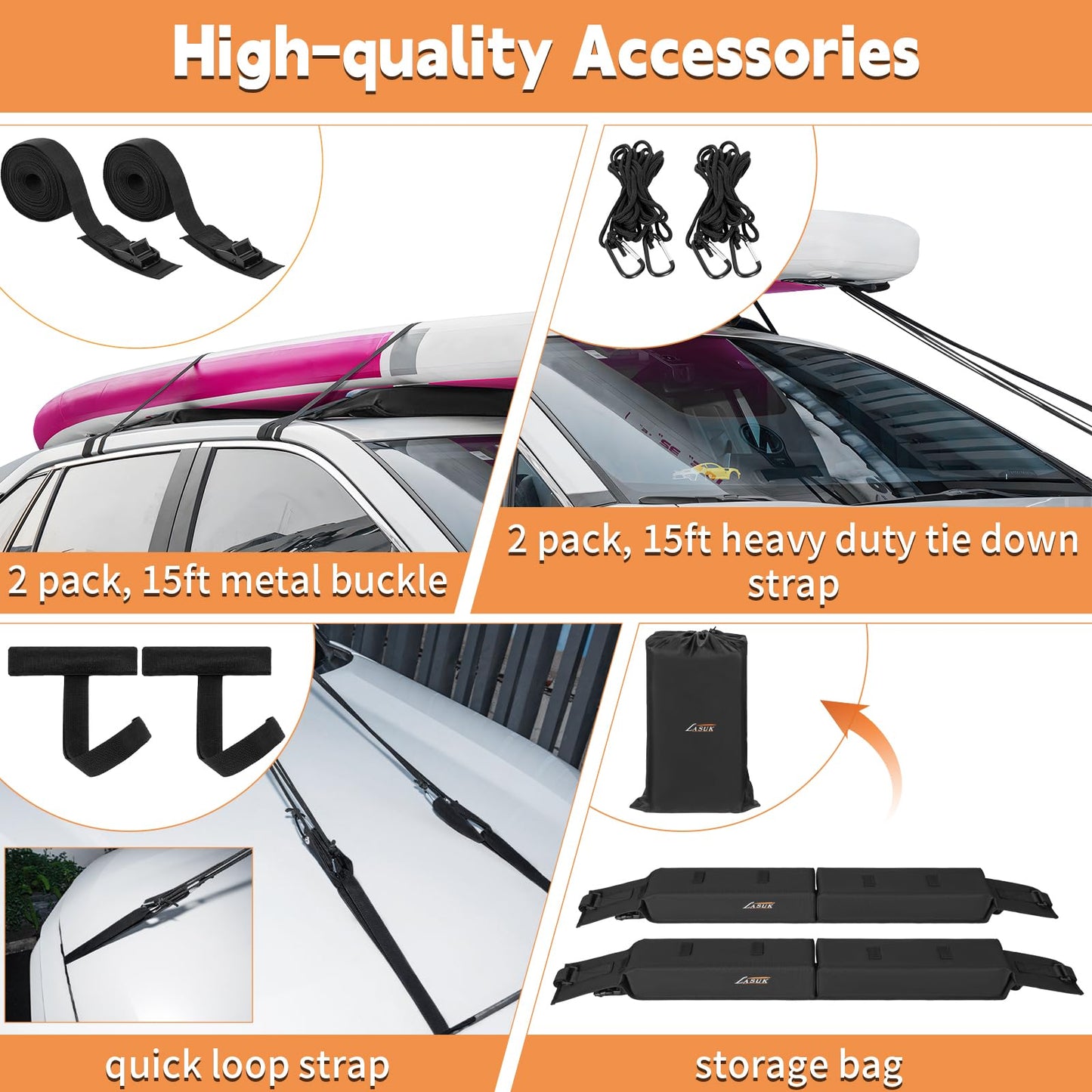 LASUK Universal Soft Roof Rack Pads for Kayak SUP Surfboard Snowboard Canoe, Heavy Duty Car Roof Rack System with 2 Tie Down Straps, 4 Quick Loop Straps, 2 Hood Loops, Tie Down Ropes and Storage Bag