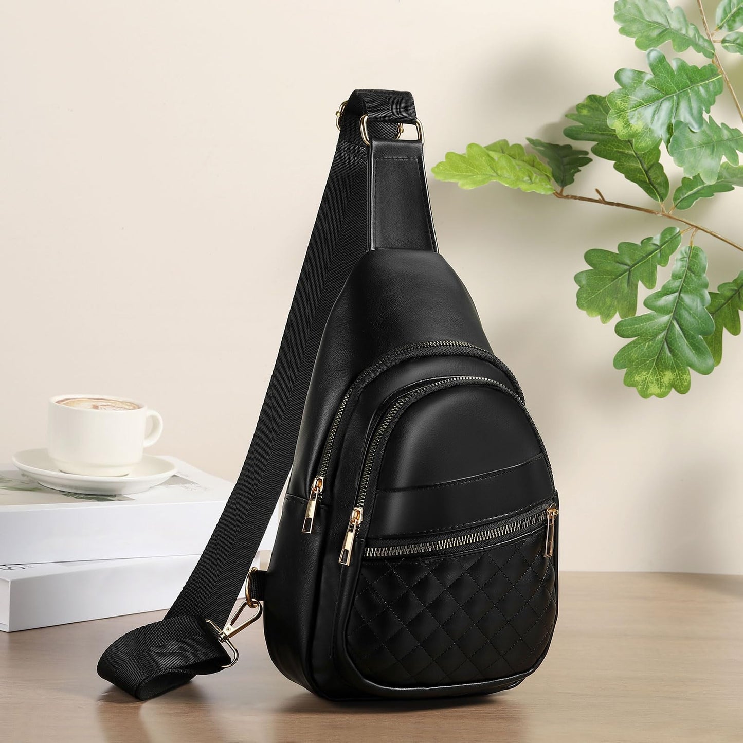 SUIKIHUM Crossbody Bags for Women Men,Leather Sling Bag Cross Body Backpack for Women, Casual Chest Bag Daypack for Travel Hiking, Black