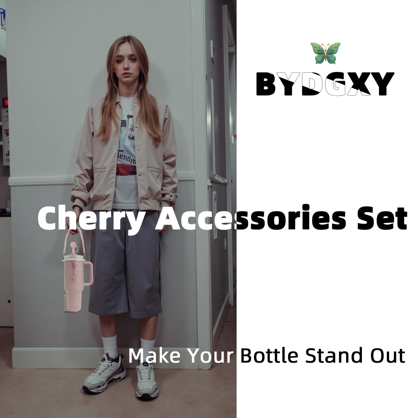 BydGxy Stanley Cup Accessories Set for 30 oz, 40 oz, 20 oz Tumbler, Includes Straw Cover, Water Bottle Handle Strap, and Cherry Charm, Compatible with Pink & Purple Stanley Cup