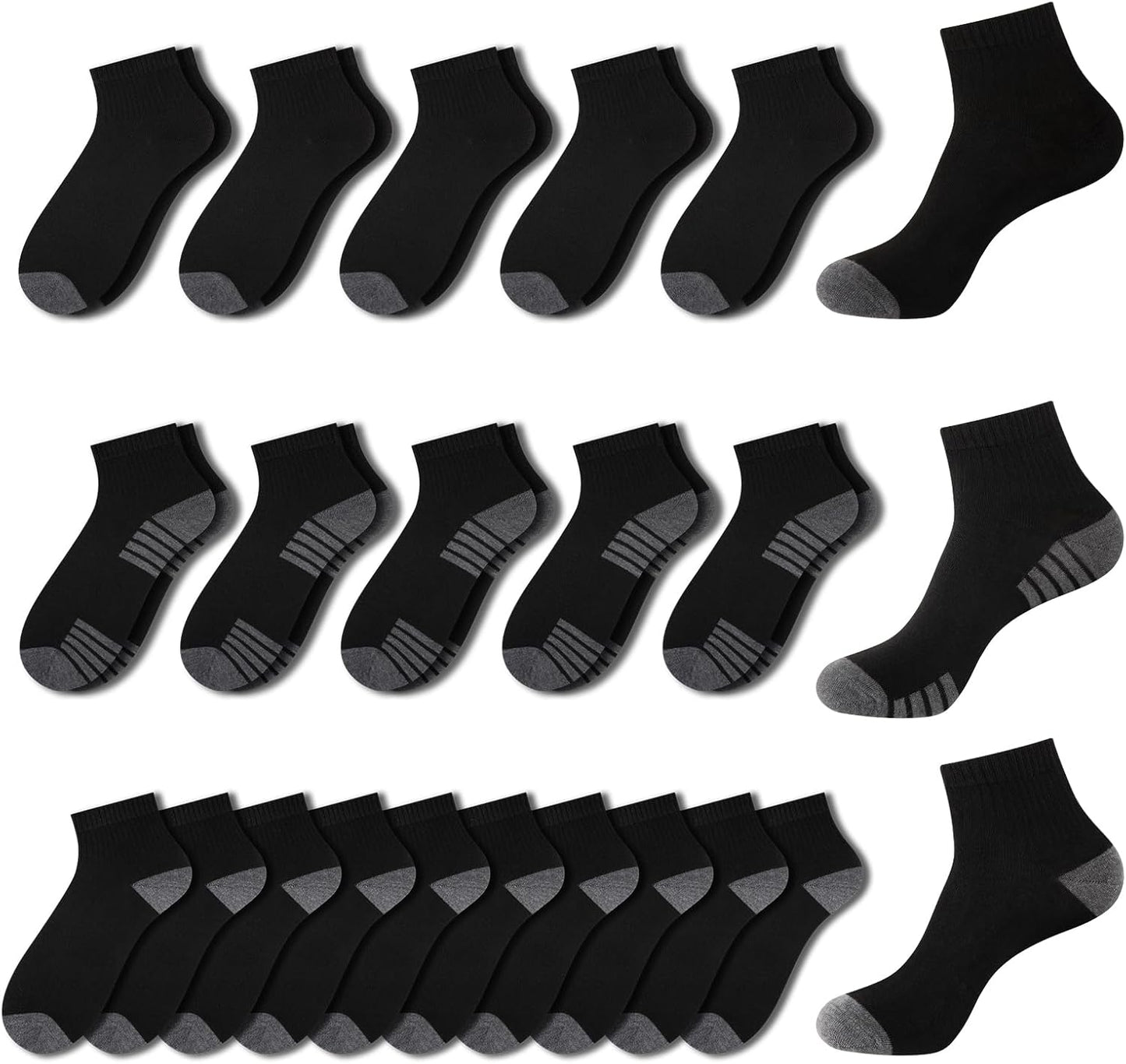 20 Pack 3 Styles Men's/Women's Mini Crew Ankle Socks Quarter Bulk - Breathable Thin Athletic Socks, Fits Shoe Size 8-11