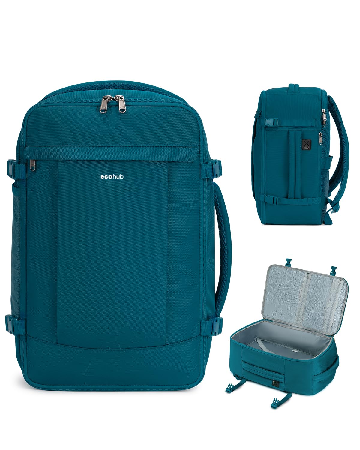 ECOHUB Travel Backpack for Men Women, Carry on Backpack with USB Charging Hole, Spirit Airlines Personal Item Bag Flight Approved, 15.6 Inch Laptop Backpack with Anti Theft Pockets, 30L, Blue Green