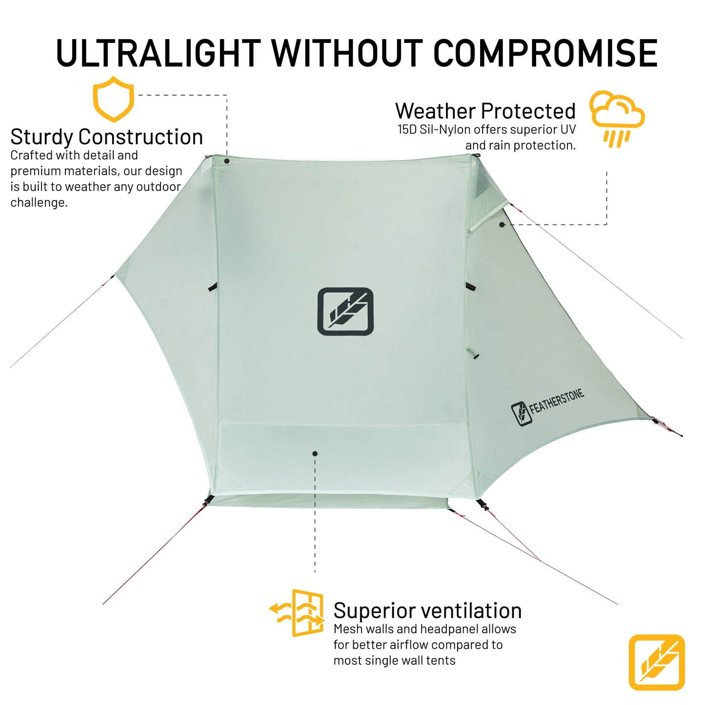 Featherstone Backbone 2 Person Ultralight Tent for Backpacking, Camping, Thru Hiking - Trekking Pole Backpacking Tent - Waterproof, Single-Wall, Durable Shelter - Compact, Light, & Easy to Carry