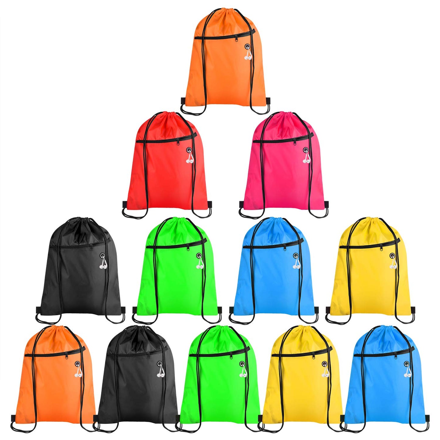 KUUQA 12Pcs Drawstring Bags with Zipper Pocket Pull String Backpack Bags Bulk（Colorful）