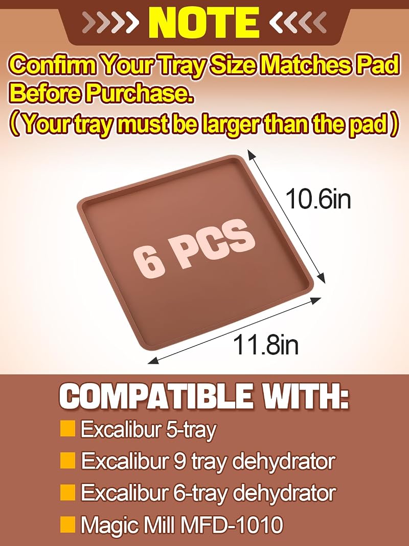 6Pcs Silicone Food Dehydrator Sheets with Edge - Non-Stick Liner for 12" x 13" Trays, BPA Free, Heat Resistant