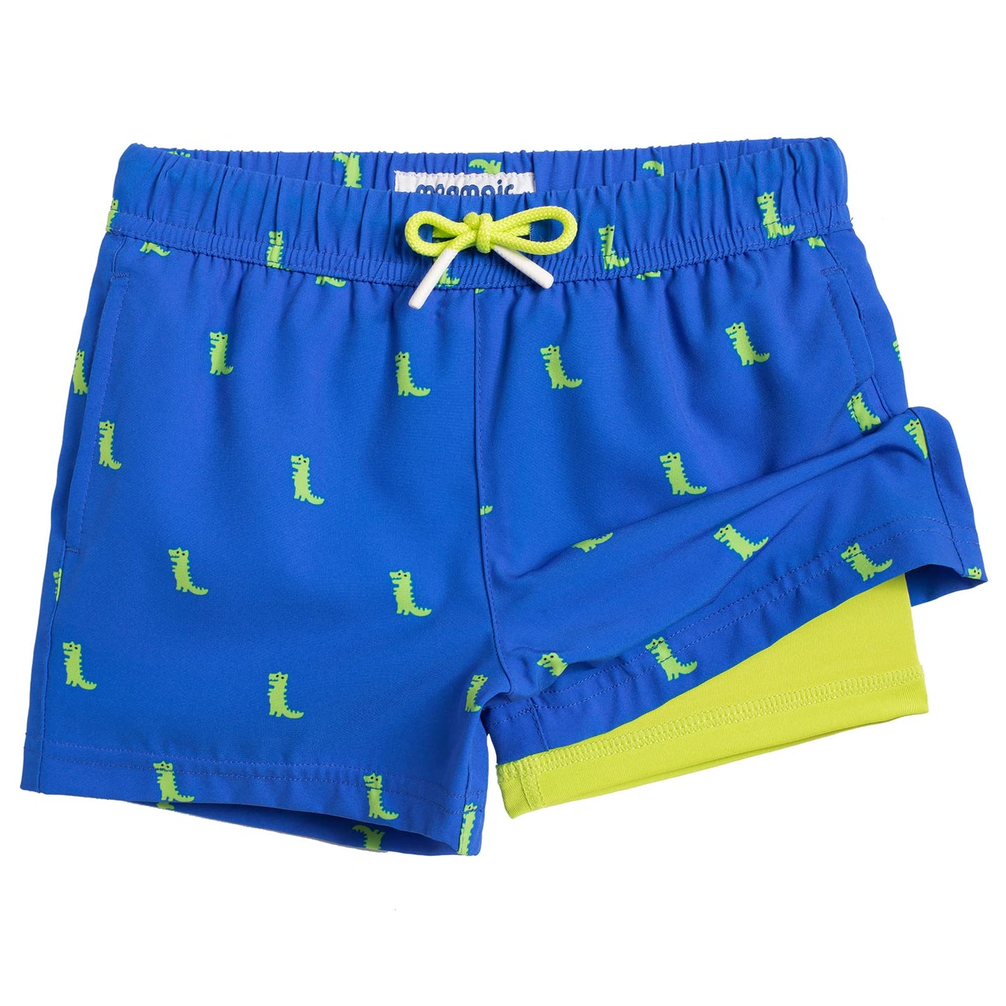 maamgic Boys Swim Trunks with Compression Liner Toddler Stretch Swim Shorts Quick Dry Swimming Trunks Boxer Brief 2 in 1 Beach Shorts Blue Dinosaurs 14/16