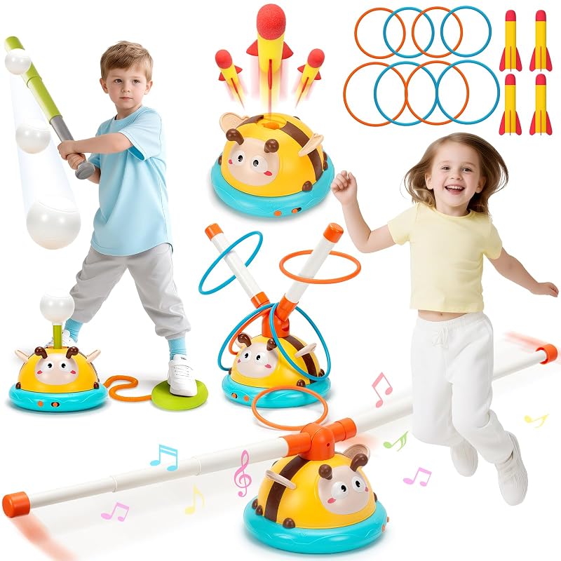 4-in-1 Kids Jump & Ring Toss Toy with Rocket Launcher and Baseball Game