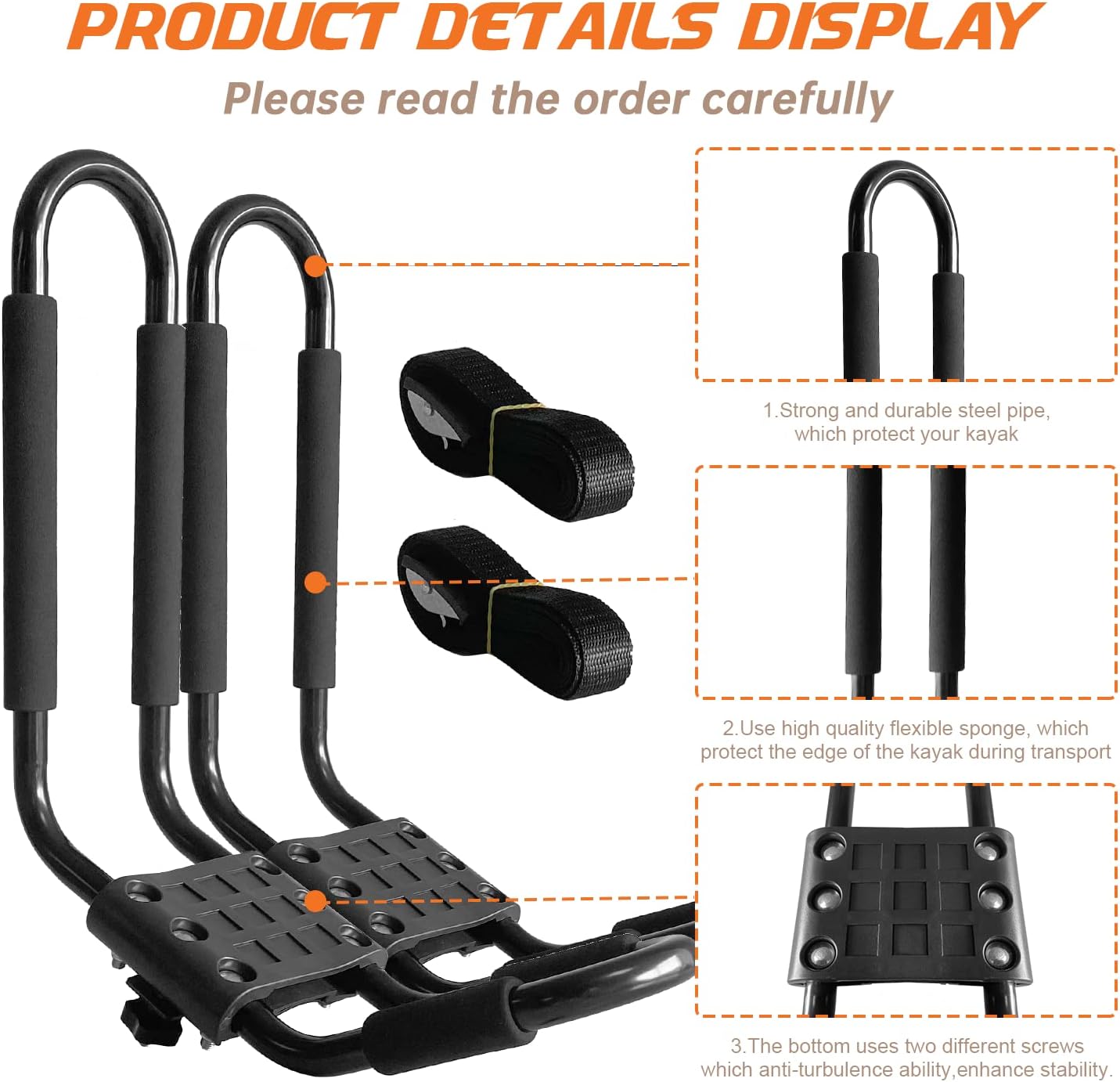 Kayak Roof Rack, 2 Pair J-Bar Roof Rack with 4 Ropes. Heavy Duty Kayak Roof Carrier for Your Canoe SUV and Trucks