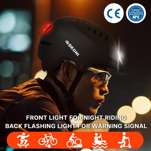 DKONI Bike Helmet with LED Lights Bicycle Helmets Commuter Cycling Helmet USB Rechargeable Front & Back LED Light Helmet for Adult Men Women (Large, Black)
