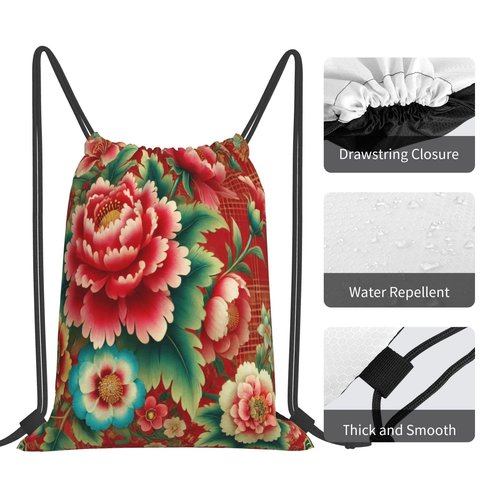 allgobee Drawstring Travel Backpack Chinese Flower Red Plaid Sports Gym Bag For Swimming,Beach
