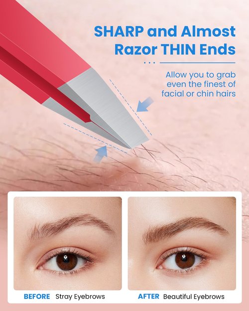 Expert Eyebrow Hair Removal Tweezer with Leather Case, GlamTweeler High Precision Slant Tip Stainless Steel Tweezers for Men and Women (Hot Pink)