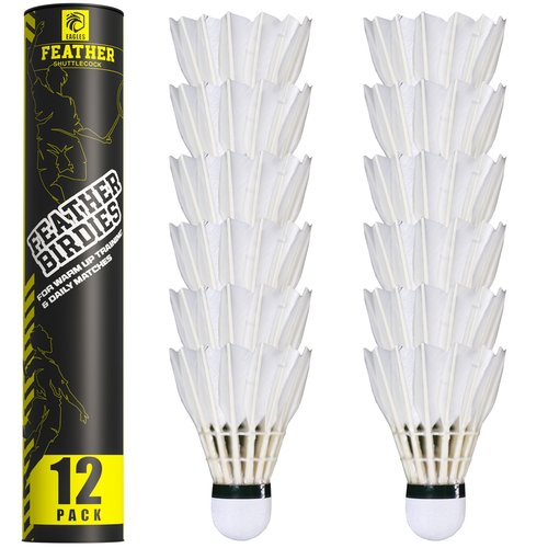 EAGLES Goose Feather Badminton Birdies Feather Bedminton Shuttlecocks- Birdie Ball for Indoor and Outdoor Matches ~ Highly Stable & Durable Shuttle Balls (12, Yellow)