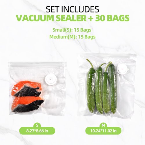 Electric Mason Jar Vacuum Sealer Kit, Cordless Handheld Sealer for Wide Mouth & Regular Mouth Mason Jars, Portable Food Storage and Canning (White Vacuum Sealer + 30 Bags)