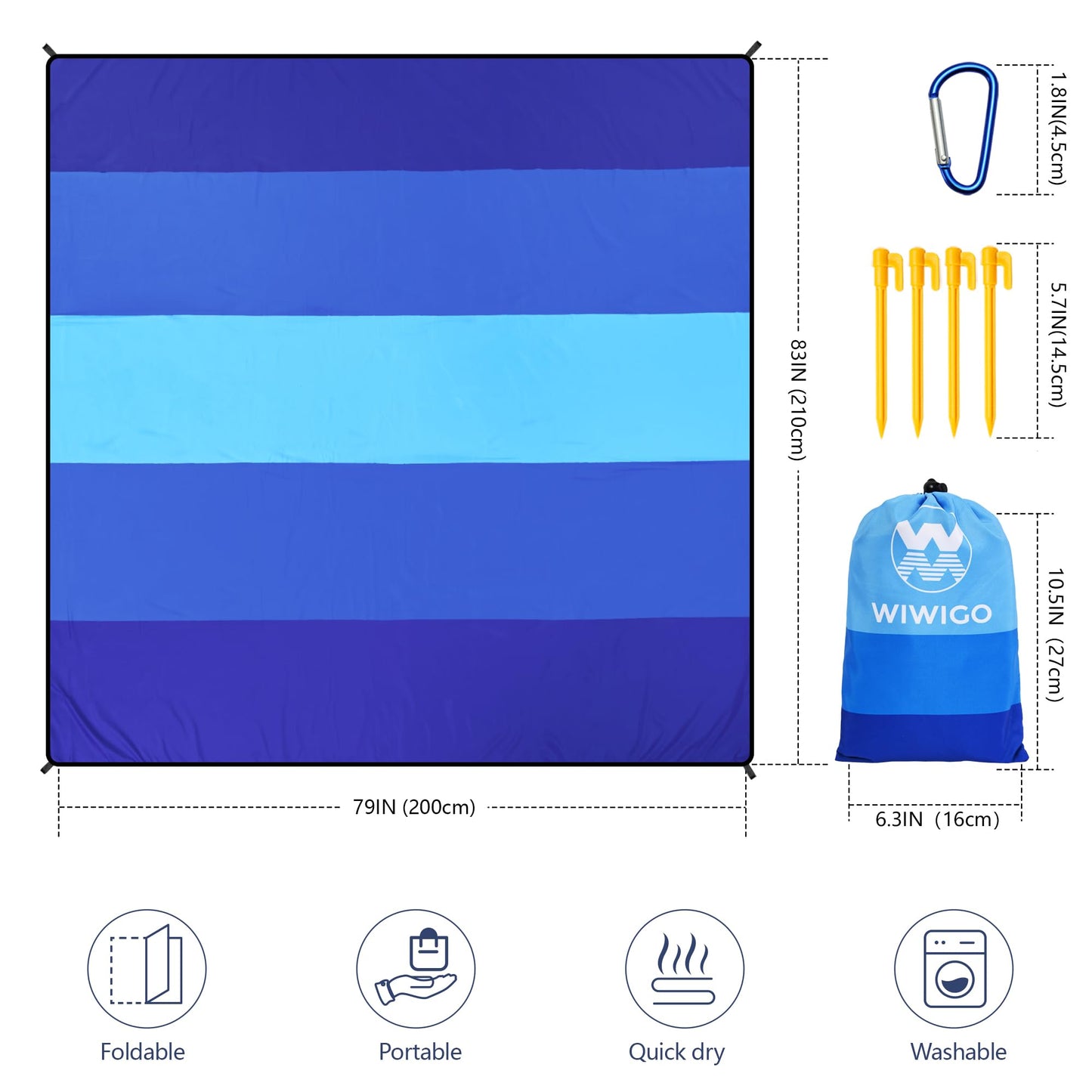 WIWIGO Beach Blanket Waterproof Sandproof Beach Mat 79" X 83"/10'x9'for 2-8 Adults Quick Drying Outdoor Picnic Mat Beach Accessories for Travel, Camping, Hiking