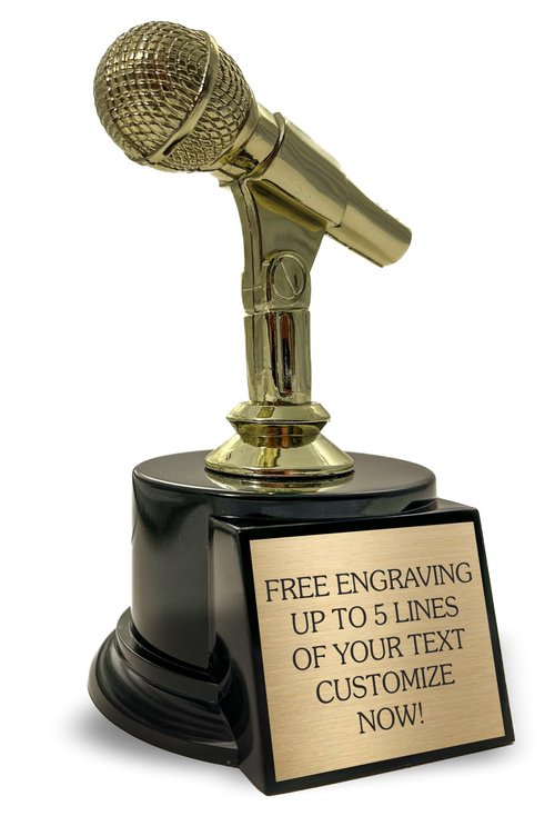 Microphone Trophy Award Personalized - 6” Karaoke Mic Award with Custom Engraving - Golden Singer Trophy for Contest & Music Party Trophy on Black Base - Customized Awards with Your Text