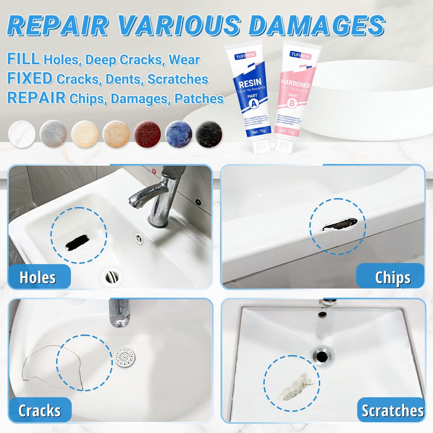 Bathtub Repair Kit 4.94oz (Color Match), TUFINEIN Porcelain Repair Kit for Fiberglass, Enamel, Ceramic, Acrylic Repair and Fix Chips, Cracks, Scratches, Holes on Tub/Tile/Sink/Shower Tray/Shower